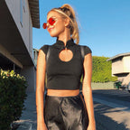 openwork button collar T-shirt top