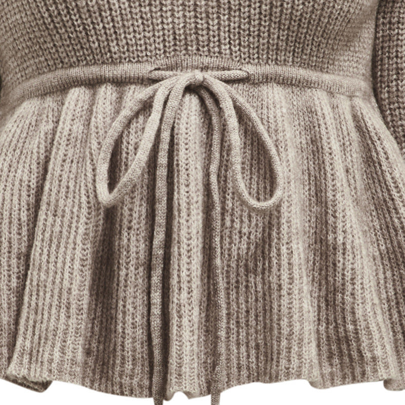 V-neck Lace-up Knitwear Casual Long-sleeved  Sweater