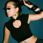 openwork button collar T-shirt top