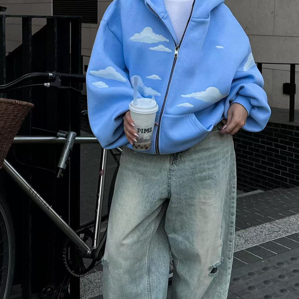 Cloud Print Zipper Hooded Sweaters