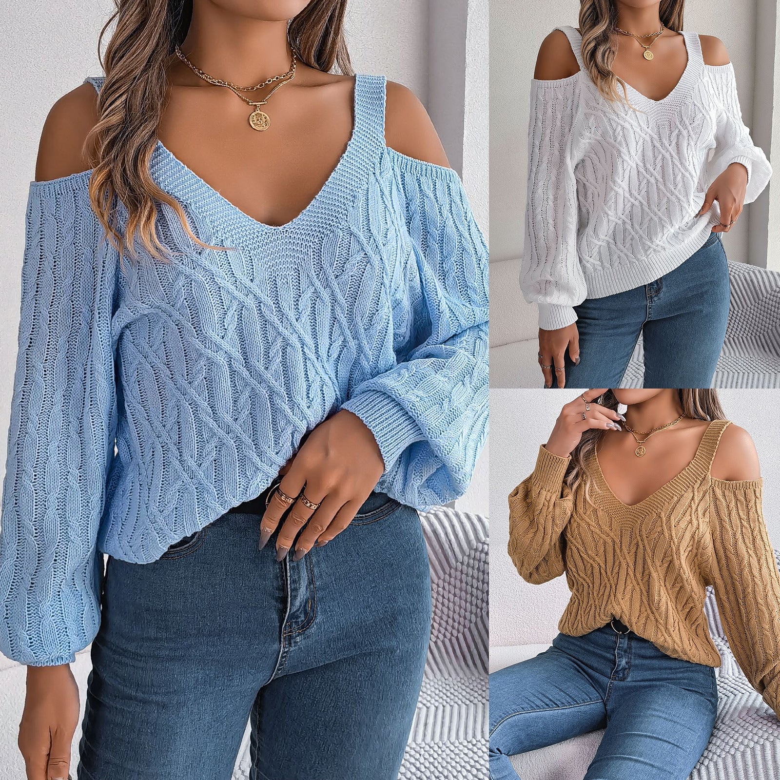 Twist Off-the-shoulder Lantern Sleeve Sweaters
