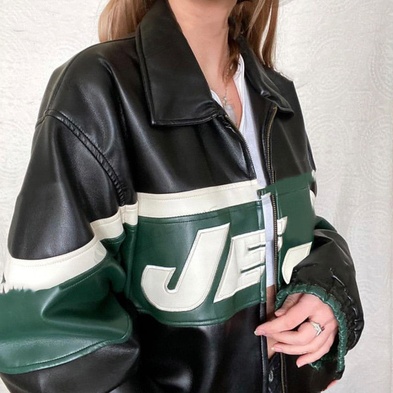 American Retro Black Stitching Letter Leather Jacket