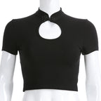 openwork button collar T-shirt top