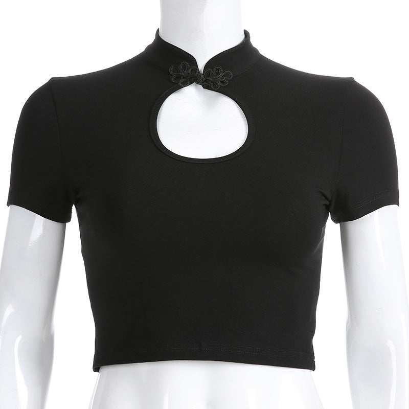 openwork button collar T-shirt top