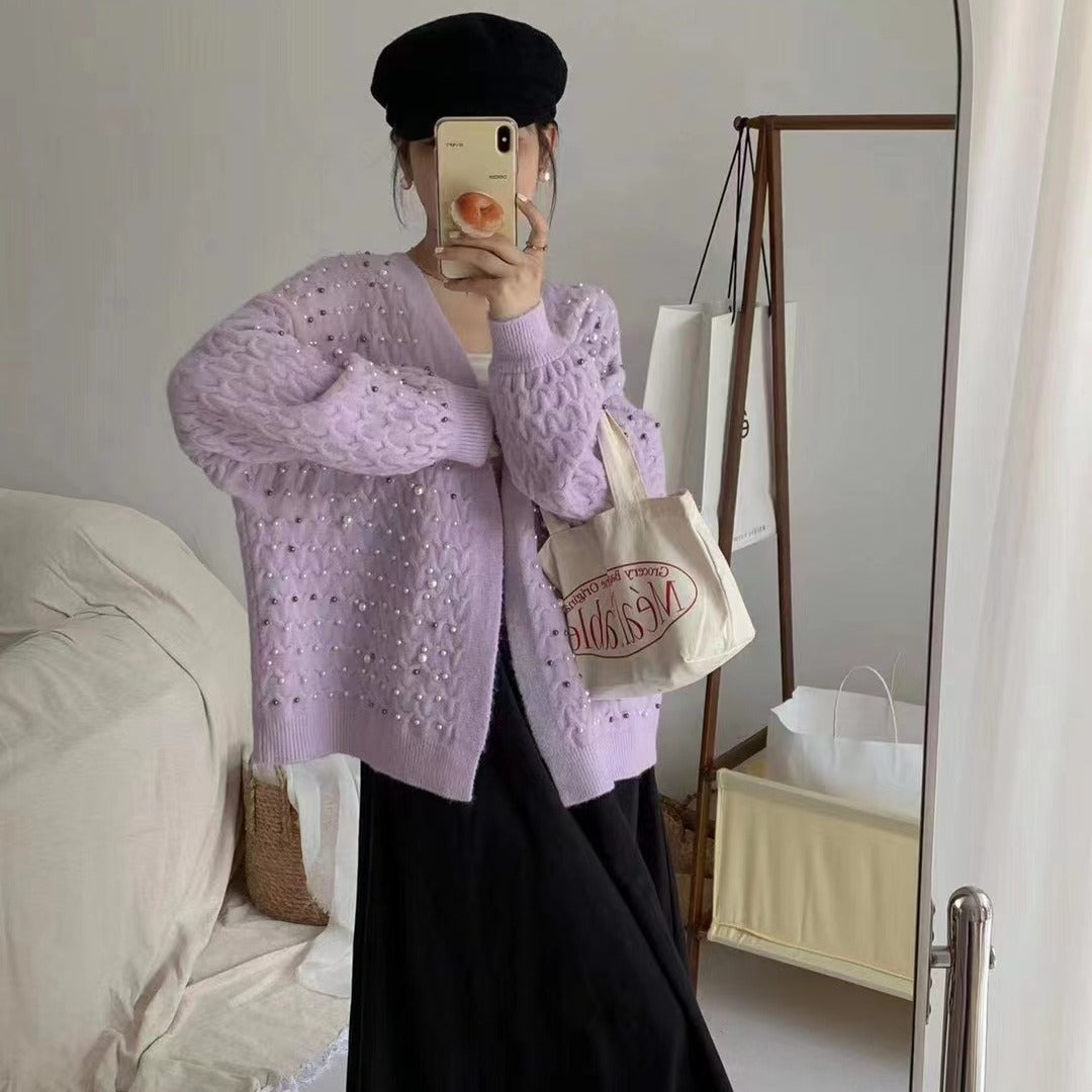 V-neck Long-sleeved Vintage Beaded Cardigan