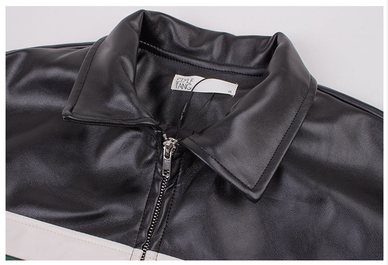 American Retro Black Stitching Letter Leather Jacket