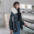 Loose Little Black Pie Overcoming Plaid Stitching Leather Coat