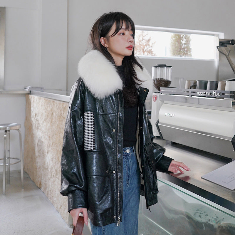 Loose Little Black Pie Overcoming Plaid Stitching Leather Coat