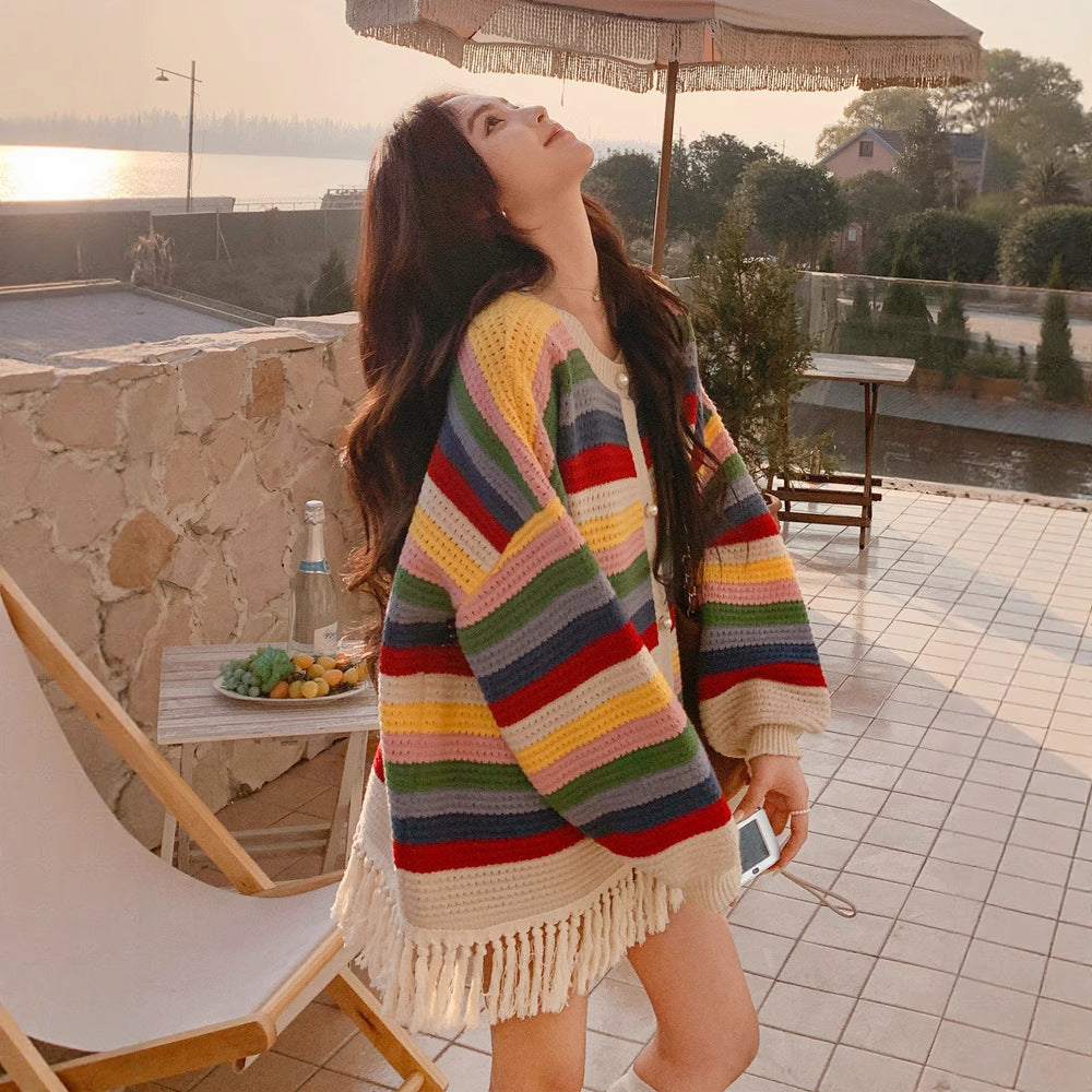 Multicolored Tassel Sweaters Cardigan