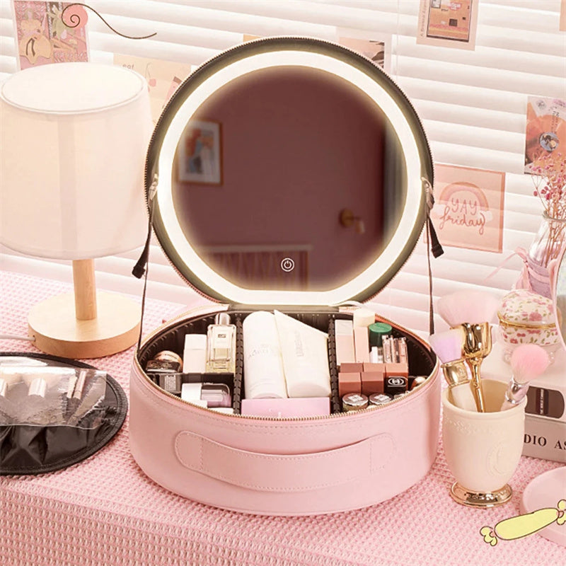 Round  LED Makeup Bag With Mirror Lights