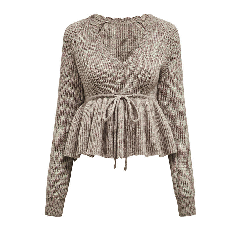 V-neck Lace-up Knitwear Casual Long-sleeved  Sweater