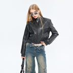 Stand Collar Long Sleeve Short PU Leather Short Jacket