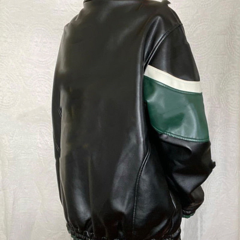 American Retro Black Stitching Letter Leather Jacket