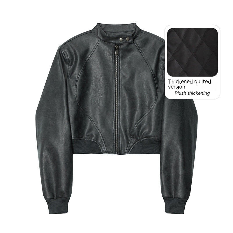 Stand Collar Long Sleeve Short PU Leather Short Jacket