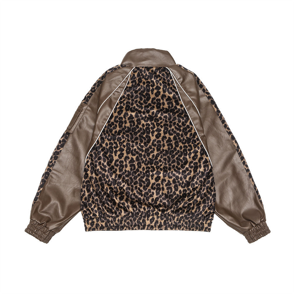 Leopard Splicing PU Leather Jacket Coat