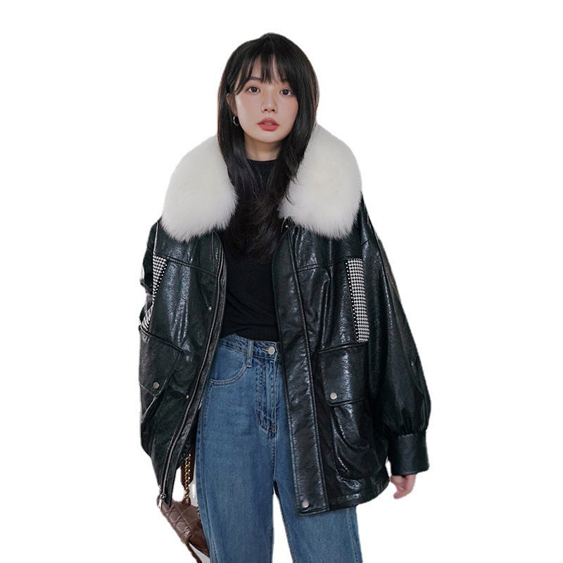 Loose Little Black Pie Overcoming Plaid Stitching Leather Coat