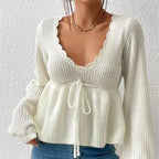V-neck Lace-up Knitwear Casual Long-sleeved  Sweater