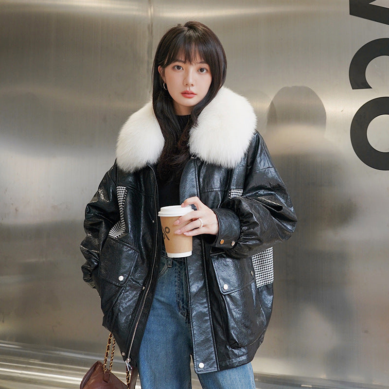 Loose Little Black Pie Overcoming Plaid Stitching Leather Coat