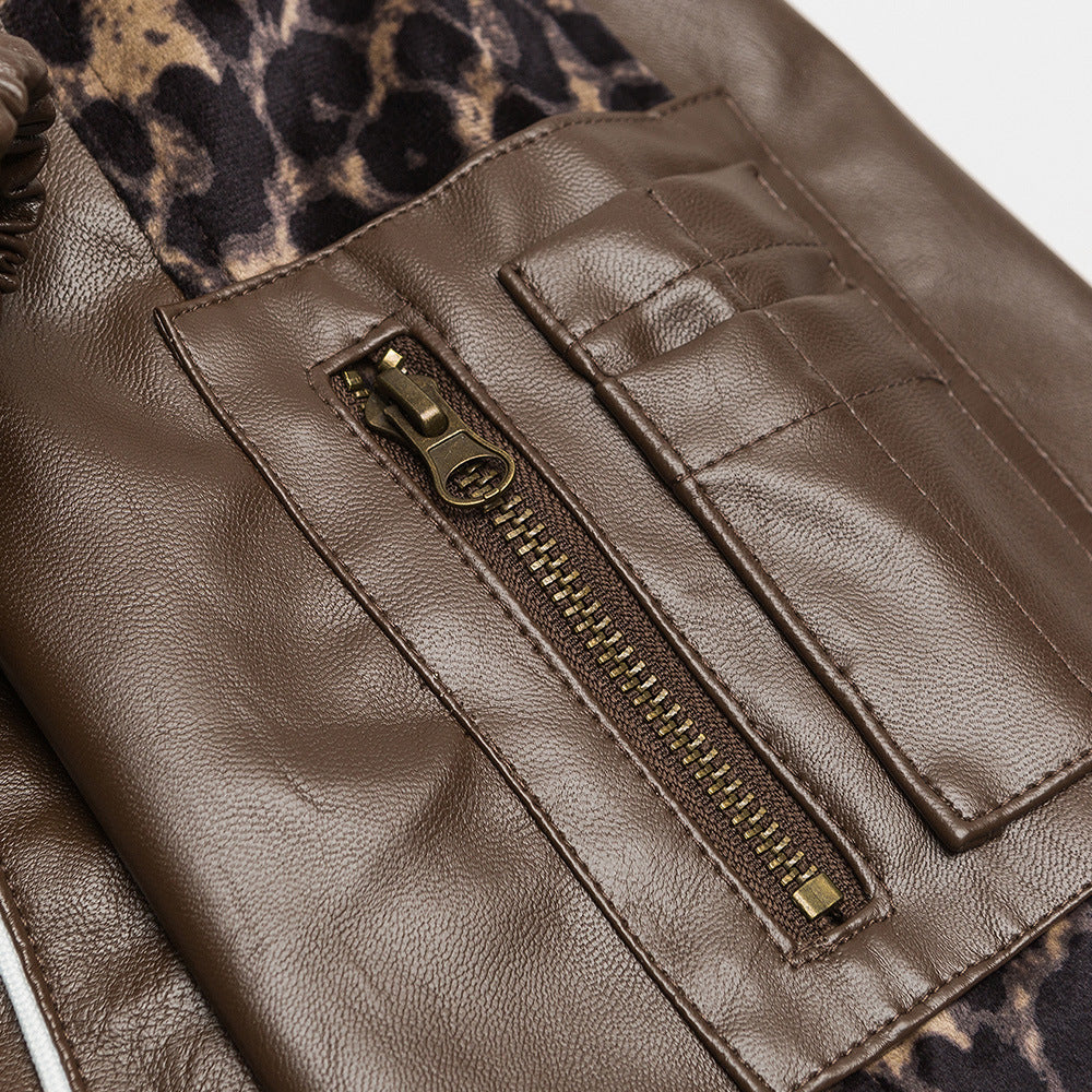 Leopard Splicing PU Leather Jacket Coat