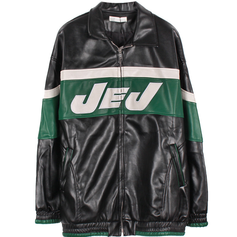 American Retro Black Stitching Letter Leather Jacket