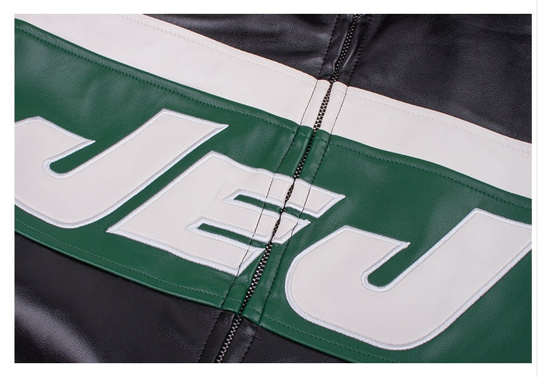 American Retro Black Stitching Letter Leather Jacket