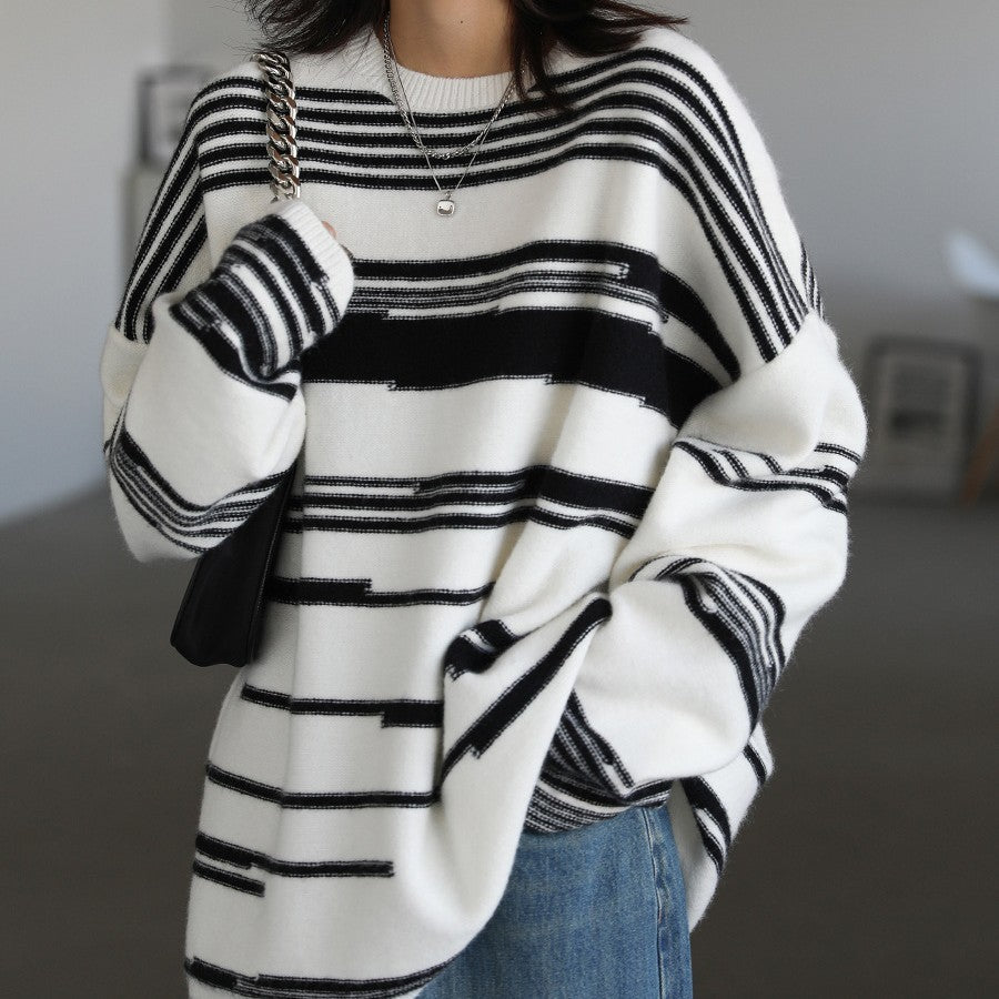 Street Casual Loose Irregular Stripe Sweater