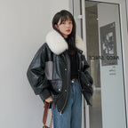 Loose Little Black Pie Overcoming Plaid Stitching Leather Coat