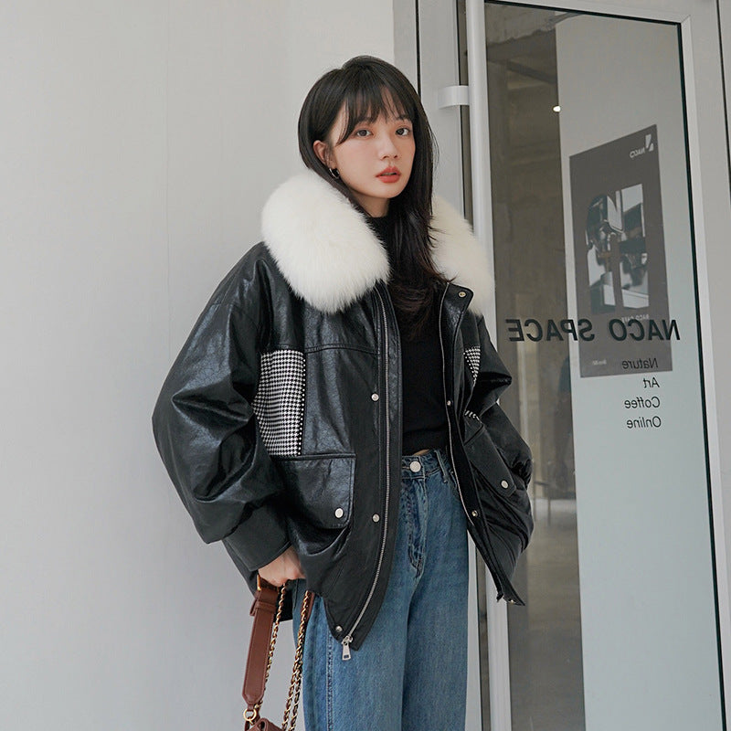 Loose Little Black Pie Overcoming Plaid Stitching Leather Coat