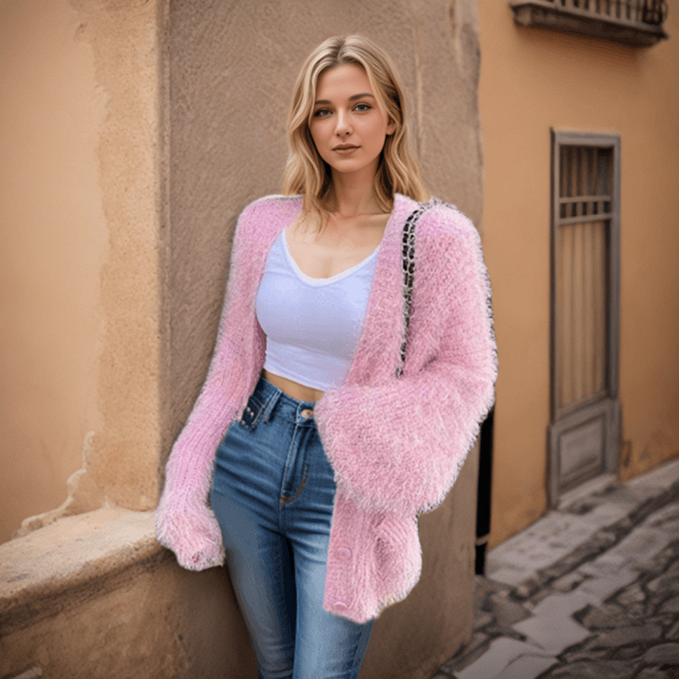 Furry Cardigan Solid Color Sweaters Loose Pockets Coat