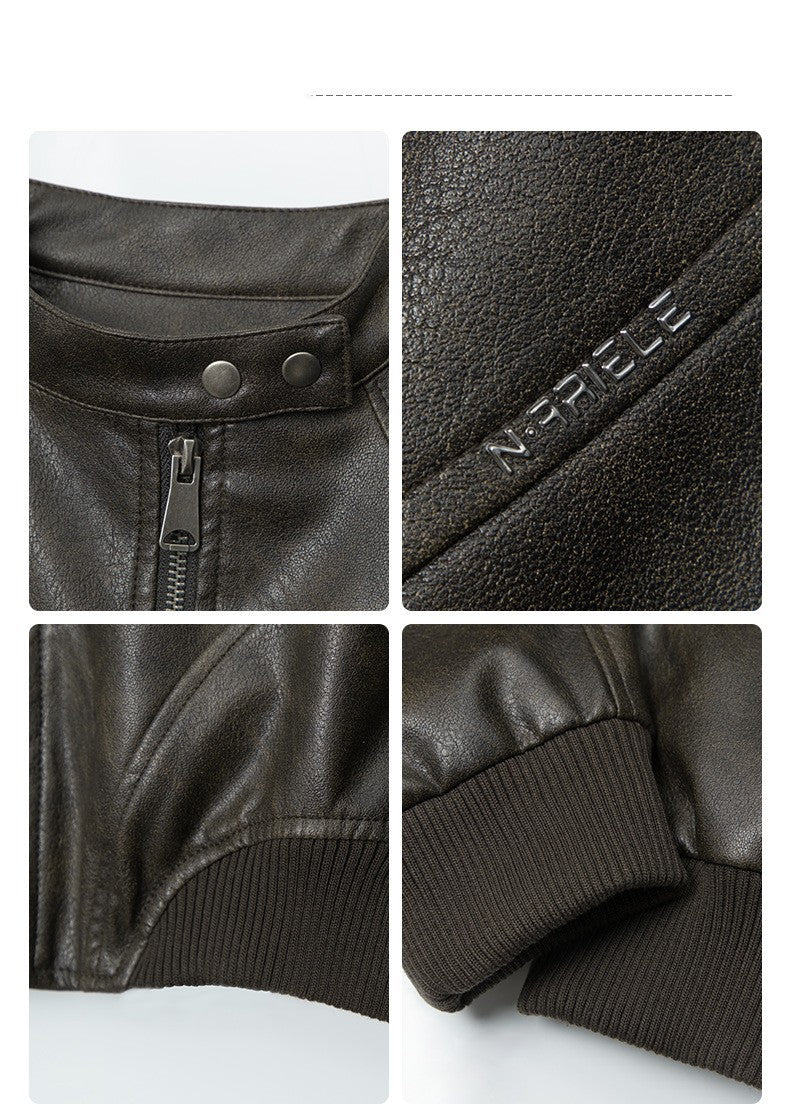 Stand Collar Long Sleeve Short PU Leather Short Jacket