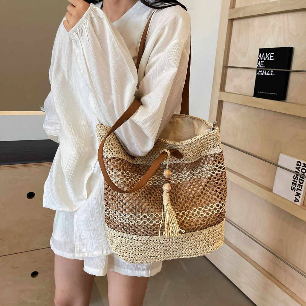 Stripe Straw Sholder Bags With Tassel Pendant