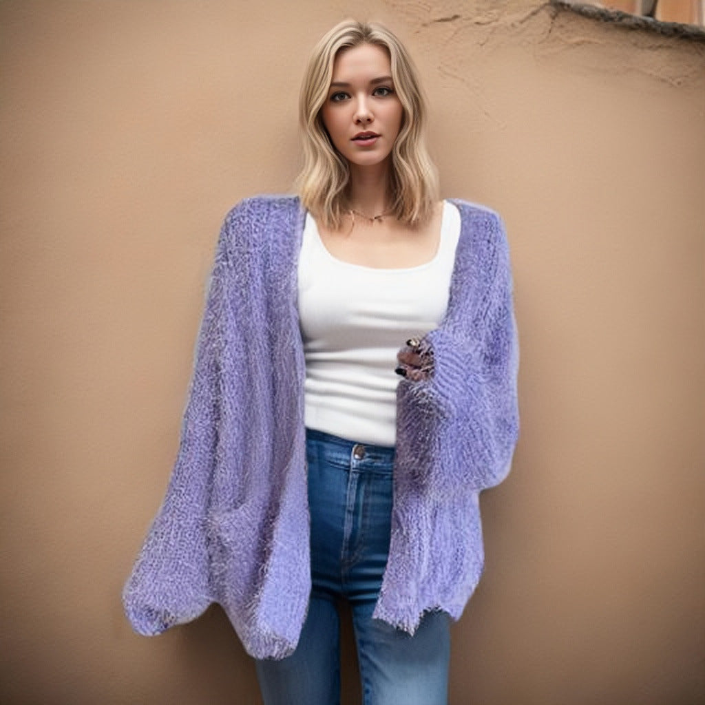 Furry Cardigan Solid Color Sweaters Loose Pockets Coat