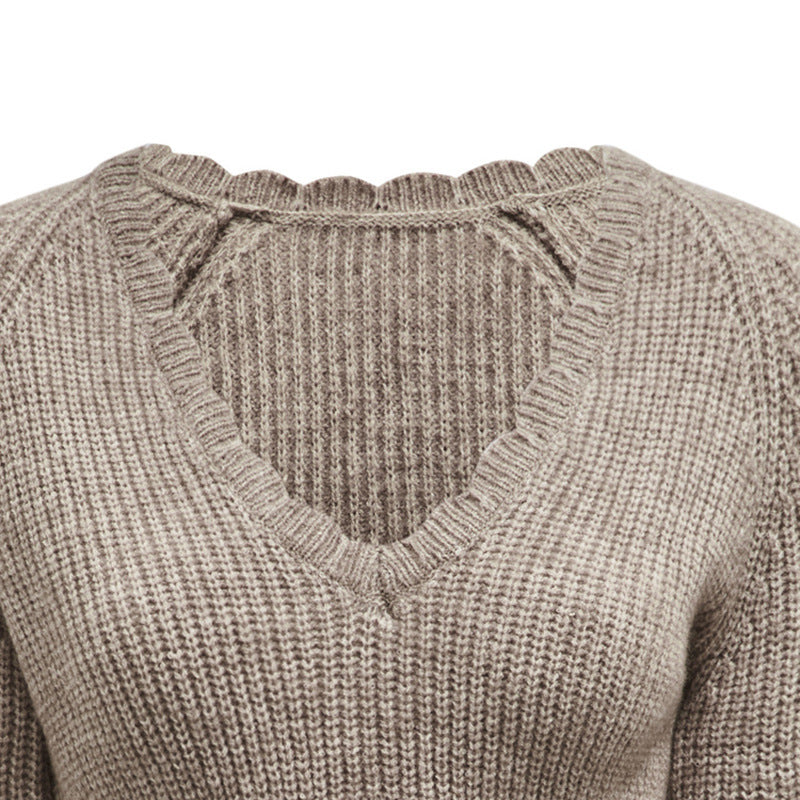 V-neck Lace-up Knitwear Casual Long-sleeved  Sweater