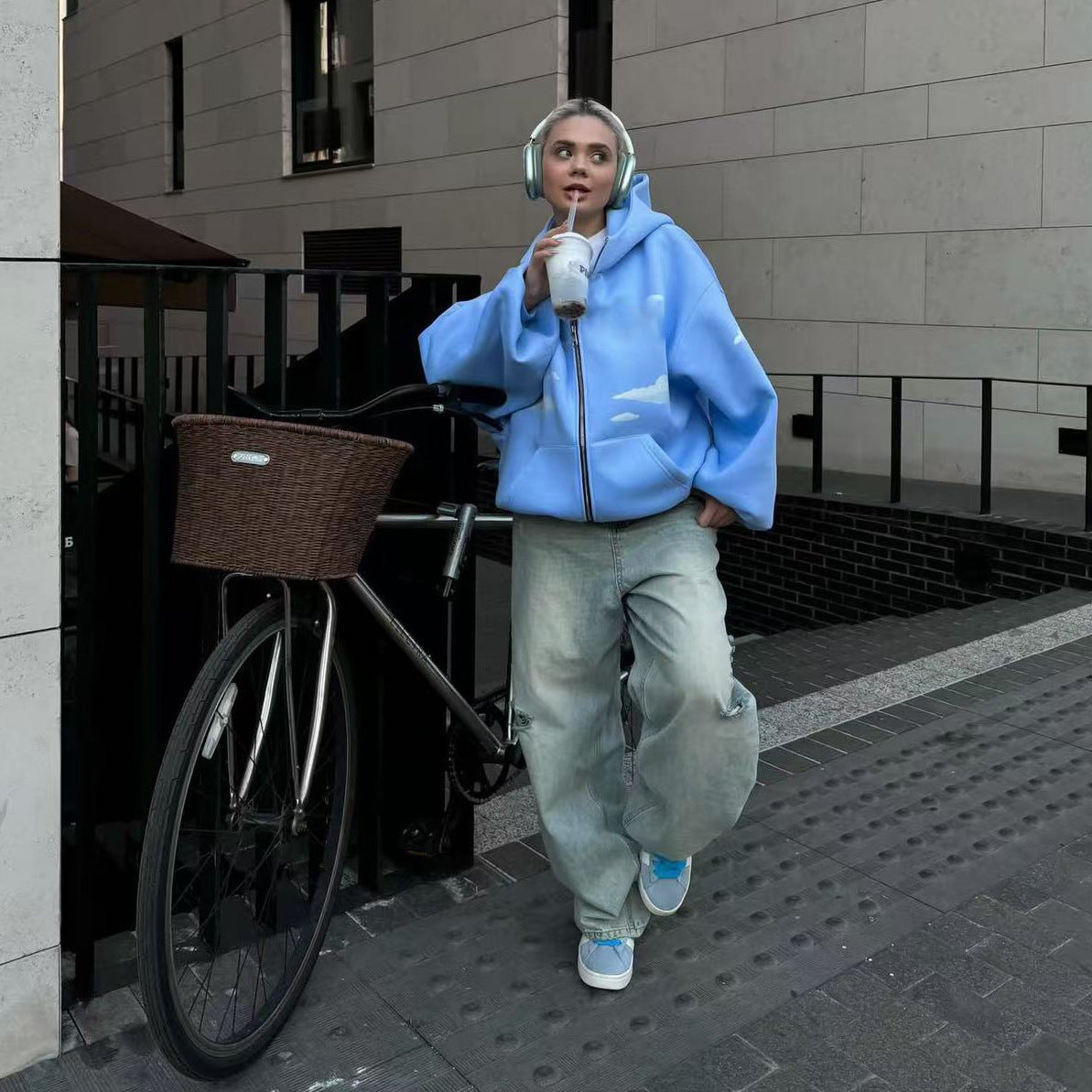 Cloud Print Zipper Hooded Sweaters