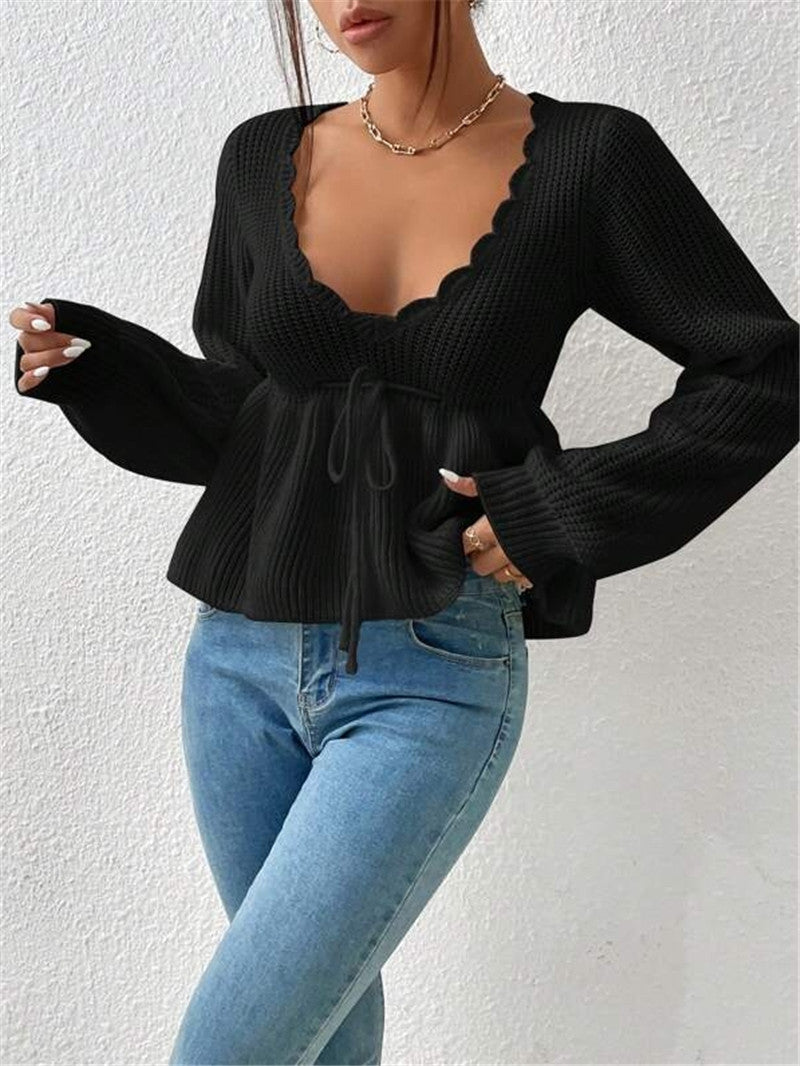 V-neck Lace-up Knitwear Casual Long-sleeved  Sweater
