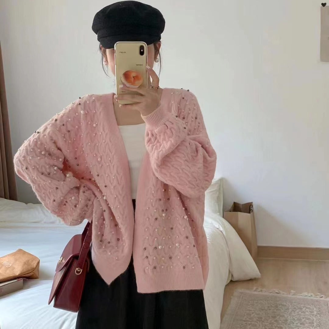 V-neck Long-sleeved Vintage Beaded Cardigan