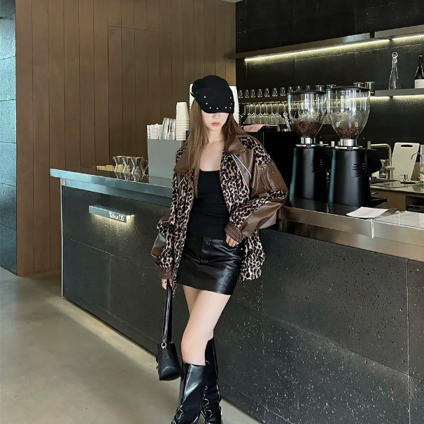 Leopard Splicing PU Leather Jacket Coat