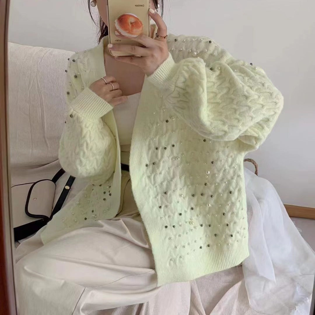 V-neck Long-sleeved Vintage Beaded Cardigan